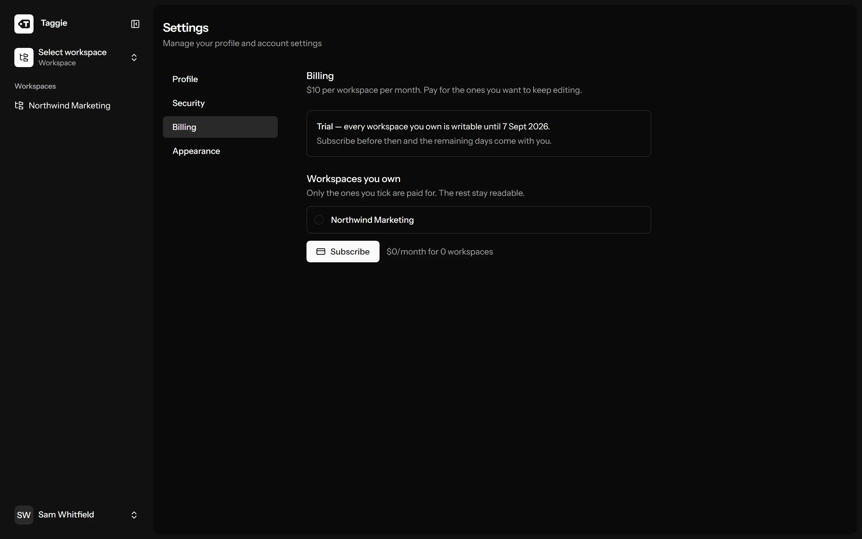 Taggie billing settings with a checklist of covered workspaces and a live monthly total
