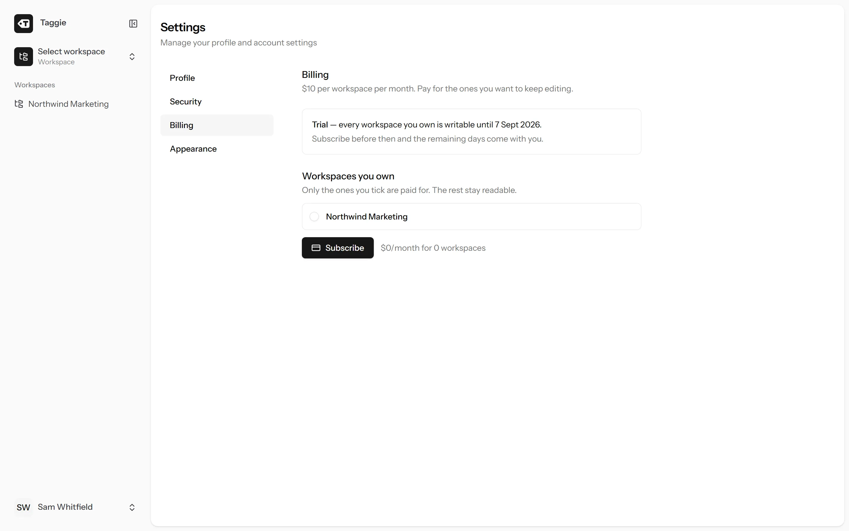 Taggie billing settings with a checklist of covered workspaces and a live monthly total
