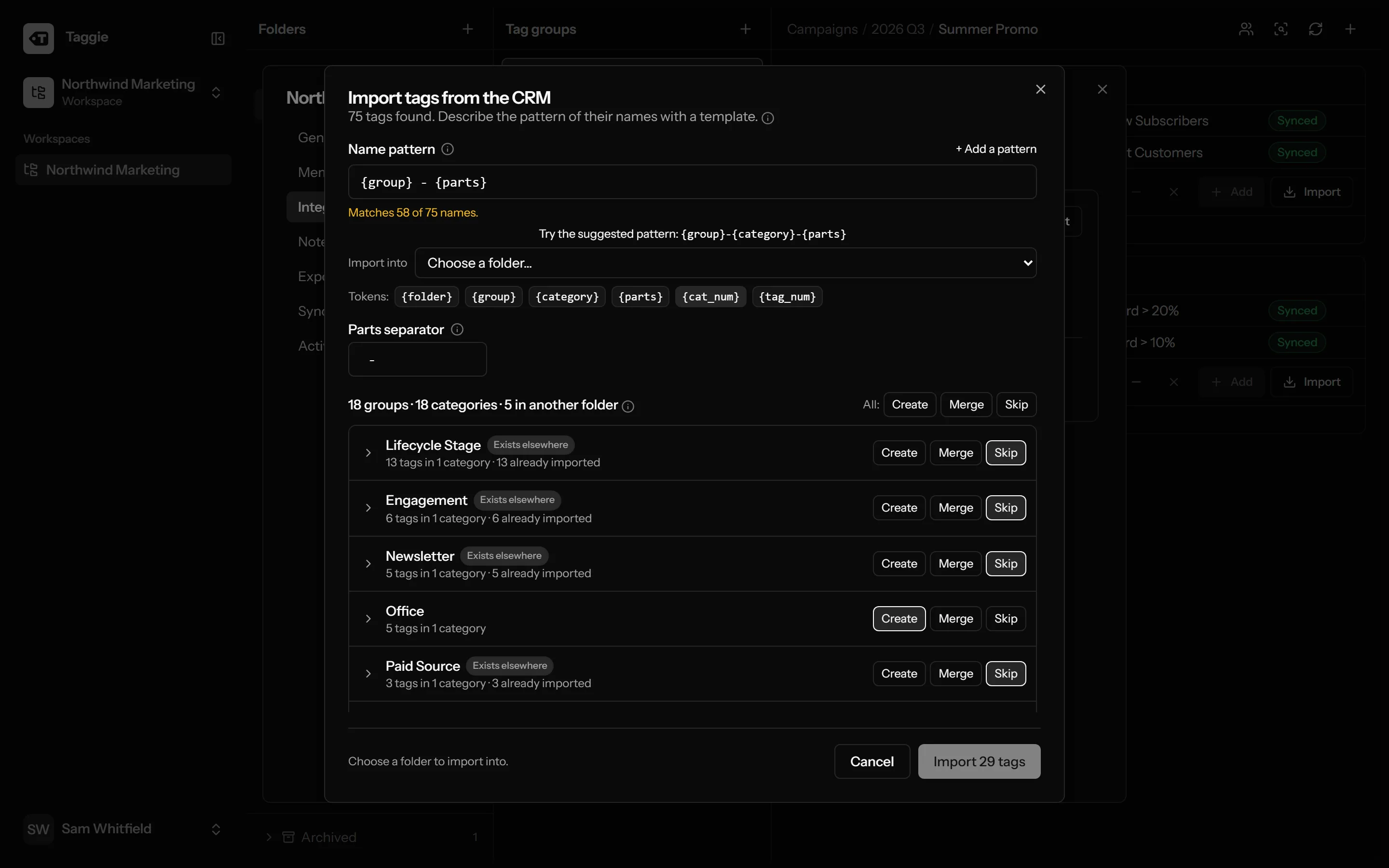 Taggie import wizard showing pattern match counts and a per-tag import preview