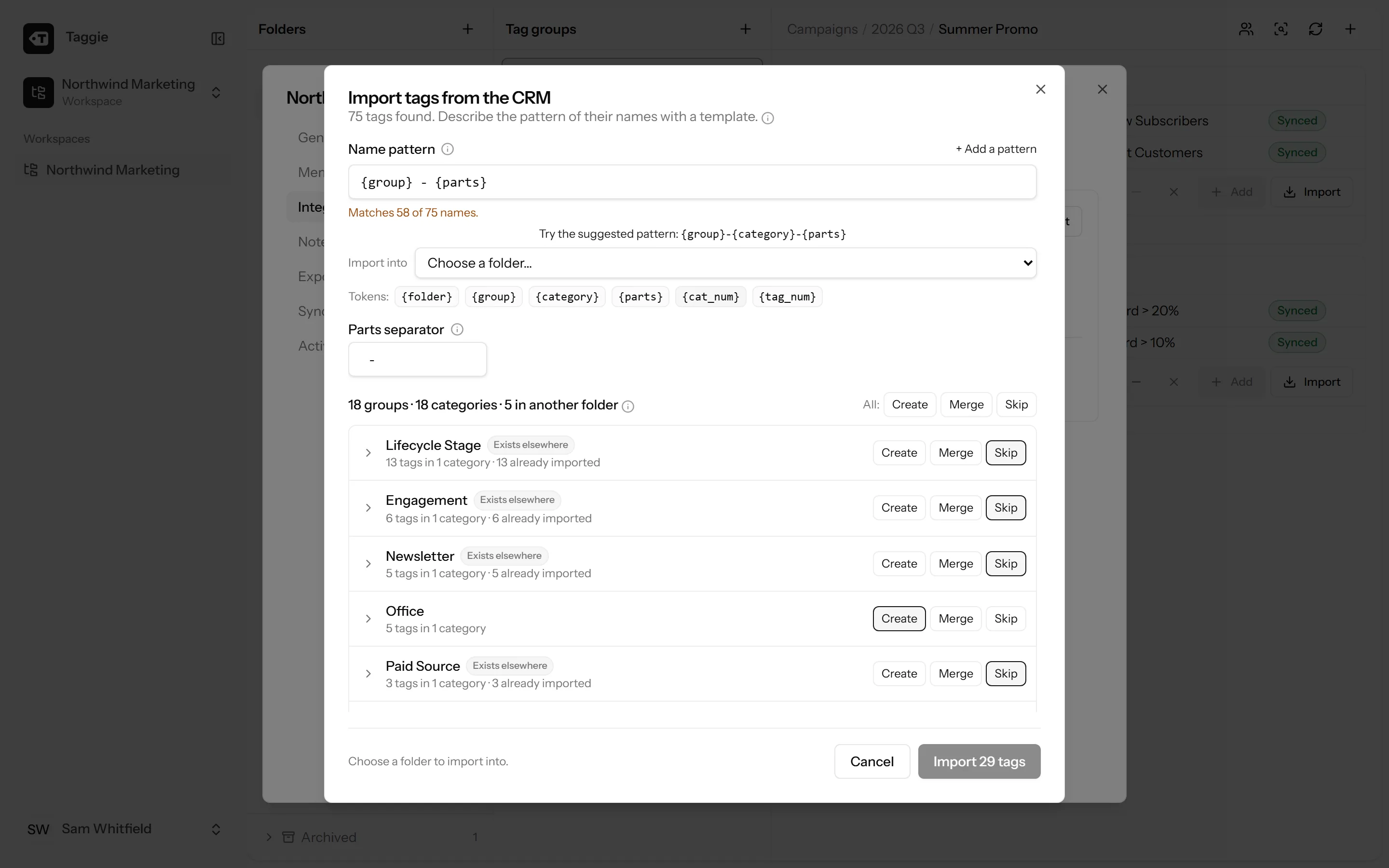 Taggie import wizard showing pattern match counts and a per-tag import preview
