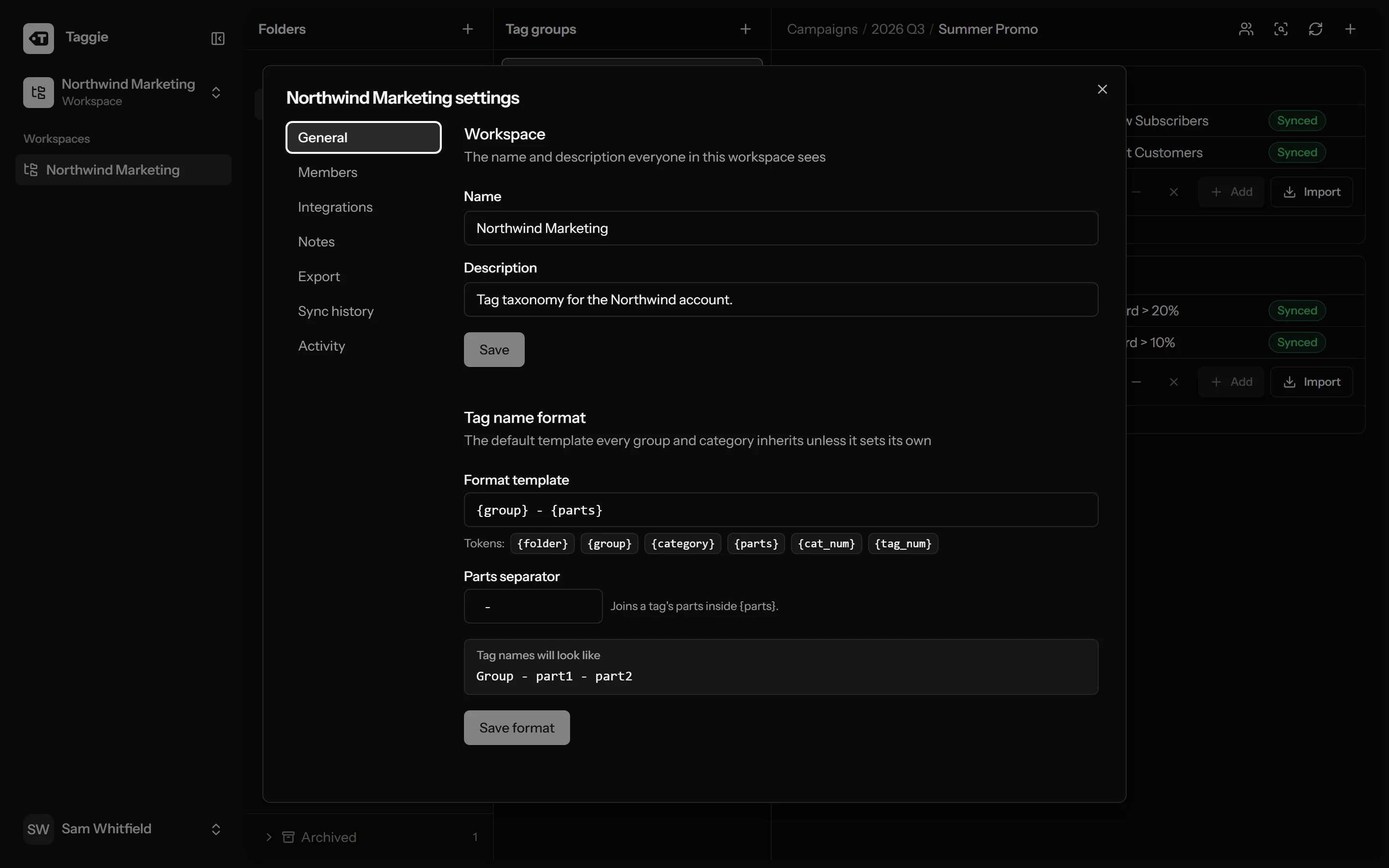 Taggie naming template settings with token controls and a live name preview