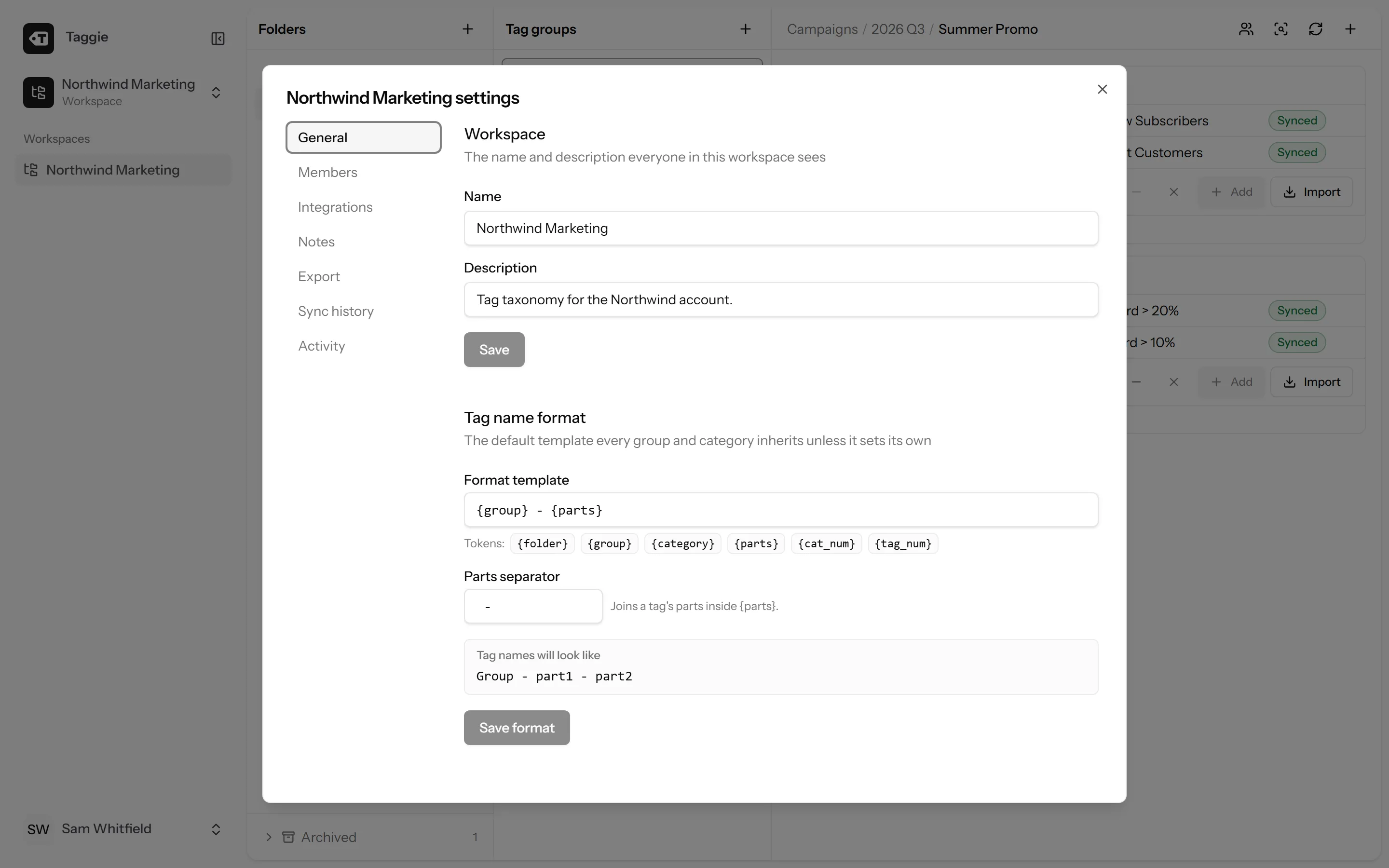 Taggie naming template settings with token controls and a live name preview