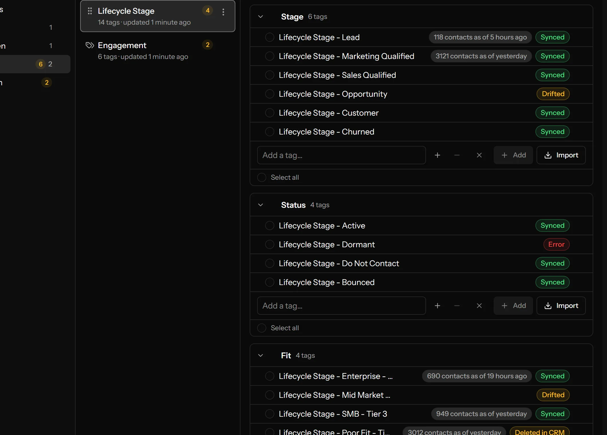 Taggie group view showing synced, drifted, error and deleted-in-CRM status badges